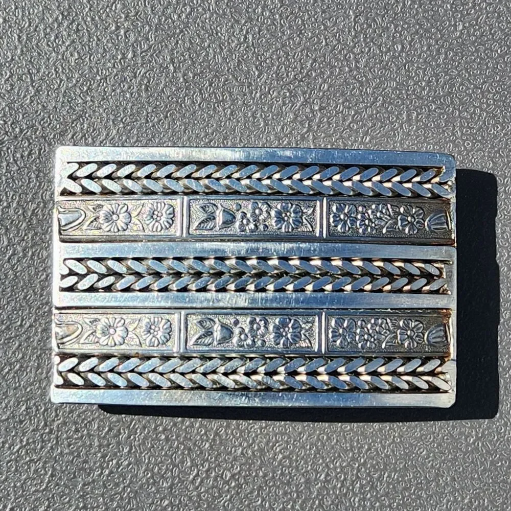 Vintage Custom Machine Shop Stainless Steel Biker Belt Buckle Floral Pattern
